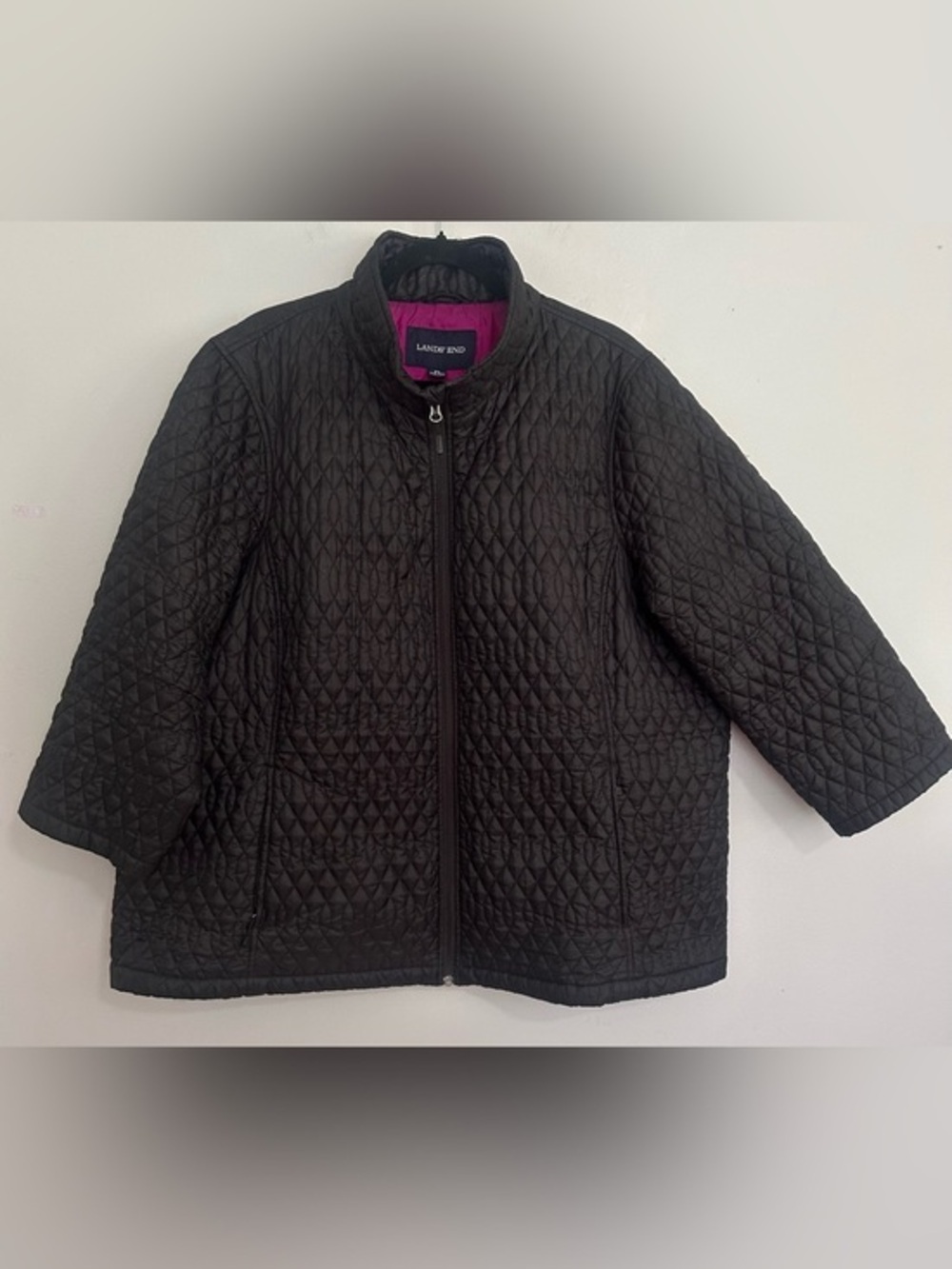 Lands’ End Quilted Jacket Women 3X Black Pink Lined Primaloft Coat Preppy Travel